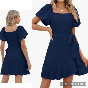 NWT Sampeel Navy Blue Wrap Dress Puff‎ Sleeve Size S